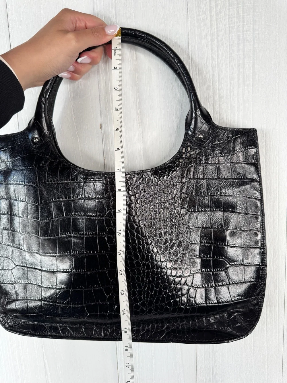 Forth & Towne Croc-Embossed Black Leather Shoulder Bag